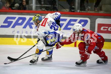 EBEL. Eishockey Bundesliga. EC KAC gegen VSV.    Thomas Hundertpfund,  (KAC),   Derek Joslin  (VSV). Klagenfurt, am 14.3.2023.
Foto: Kuess
www.qspictures.net
---
pressefotos, pressefotografie, kuess, qs, qspictures, sport, bild, bilder, bilddatenbank