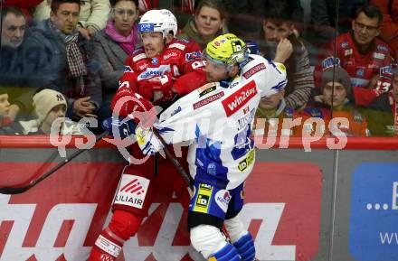 EBEL. Eishockey Bundesliga. EC KAC gegen VSV.    Matthew Fraser,  (KAC),   Derek Joslin (VSV). Klagenfurt, am 14.3.2023.
Foto: Kuess
www.qspictures.net
---
pressefotos, pressefotografie, kuess, qs, qspictures, sport, bild, bilder, bilddatenbank