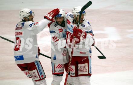 EBEL. Eishockey Bundesliga. EC VSV gegen KAC.  Torjubel Nicholas Eric Petersen, Rok Ticar, Jesper Jensen Aabo (KAC). Villach, am 17.3.2023.
Foto: Kuess
www.qspictures.net
---
pressefotos, pressefotografie, kuess, qs, qspictures, sport, bild, bilder, bilddatenbank