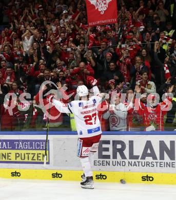 EBEL. Eishockey Bundesliga. EC VSV gegen KAC.   Jubel Thomas Hundertpfund, Fans (KAC). Villach, am 17.3.2023.
Foto: Kuess
www.qspictures.net
---
pressefotos, pressefotografie, kuess, qs, qspictures, sport, bild, bilder, bilddatenbank