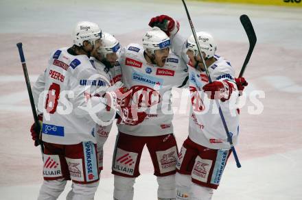 EBEL. Eishockey Bundesliga. EC VSV gegen KAC.  Torjubel Nicholas Eric Petersen, Rok Ticar, Jesper Jensen Aabo, Clemens Unterweger (KAC). Villach, am 17.3.2023.
Foto: Kuess
www.qspictures.net
---
pressefotos, pressefotografie, kuess, qs, qspictures, sport, bild, bilder, bilddatenbank