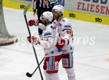 EBEL. Eishockey Bundesliga. EC VSV gegen KAC. Torjubel Lucas Lessio, Thomas Hundertpfund  (KAC). Villach, am 17.3.2023.
Foto: Kuess
www.qspictures.net
---
pressefotos, pressefotografie, kuess, qs, qspictures, sport, bild, bilder, bilddatenbank