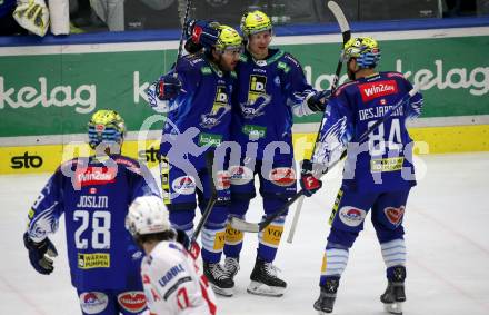 EBEL. Eishockey Bundesliga. EC VSV gegen KAC.  Torjubel Layne Viveiros, Marco Richter, Andrew Desjardins, Derek Joslin  (VSV).  Villach, am 17.3.2023.
Foto: Kuess
www.qspictures.net
---
pressefotos, pressefotografie, kuess, qs, qspictures, sport, bild, bilder, bilddatenbank