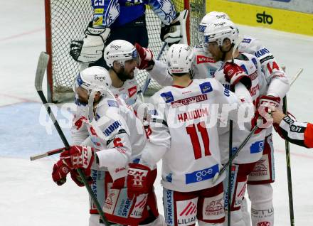 EBEL. Eishockey Bundesliga. EC VSV gegen KAC.   Torjubel Lucas Lessio, Thomas Hundertpfund, Paul Postma, Steven Strong, Lukas Haudum (KAC). Villach, am 17.3.2023.
Foto: Kuess
www.qspictures.net
---
pressefotos, pressefotografie, kuess, qs, qspictures, sport, bild, bilder, bilddatenbank