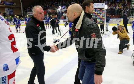 EBEL. Eishockey Bundesliga. EC VSV gegen KAC.   Trainer Rob Daum, (VSV), Trainer Petri Matikainen (KAC). Villach, am 17.3.2023.
Foto: Kuess
www.qspictures.net
---
pressefotos, pressefotografie, kuess, qs, qspictures, sport, bild, bilder, bilddatenbank