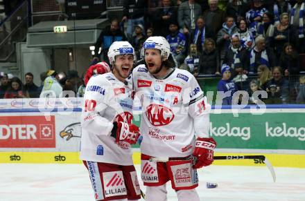 EBEL. Eishockey Bundesliga. EC VSV gegen KAC. Jubel Thomas Vallant, Manuel Ganahl  (KAC). Villach, am 17.3.2023.
Foto: Kuess
www.qspictures.net
---
pressefotos, pressefotografie, kuess, qs, qspictures, sport, bild, bilder, bilddatenbank