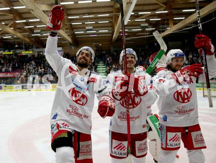 EBEL. Eishockey Bundesliga. EC VSV gegen KAC.   Jubel Lucas Lessio, Jesper Jensen Aabo, Manuel Ganahl (KAC). Villach, am 17.3.2023.
Foto: Kuess
www.qspictures.net
---
pressefotos, pressefotografie, kuess, qs, qspictures, sport, bild, bilder, bilddatenbank