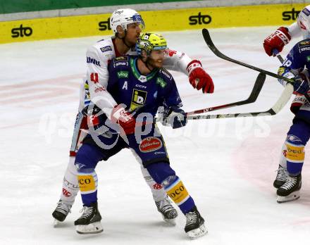 EBEL. Eishockey Bundesliga. EC VSV gegen KAC.   Alexander Rauchenwald, (VSV),  Jesper Jensen Aabo (KAC). Villach, am 17.3.2023.
Foto: Kuess
www.qspictures.net
---
pressefotos, pressefotografie, kuess, qs, qspictures, sport, bild, bilder, bilddatenbank