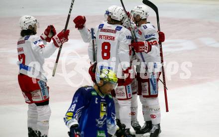 EBEL. Eishockey Bundesliga. EC VSV gegen KAC.  Torjubel Nicholas Eric Petersen, Rok Ticar, Jesper Jensen Aabo, Clemens Unterweger, Manuel Ganahl  (KAC). Villach, am 17.3.2023.
Foto: Kuess
www.qspictures.net
---
pressefotos, pressefotografie, kuess, qs, qspictures, sport, bild, bilder, bilddatenbank