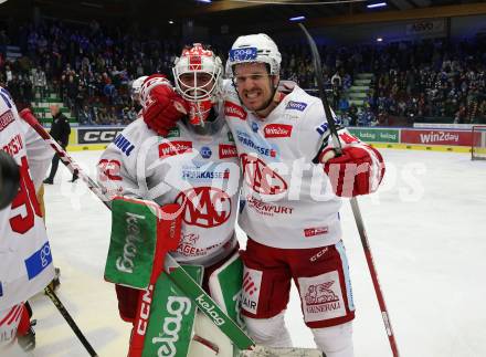 EBEL. Eishockey Bundesliga. EC VSV gegen KAC.   Jubel Sebastian Dahm, Jesper Jensen Aabo  (KAC). Villach, am 17.3.2023.
Foto: Kuess
www.qspictures.net
---
pressefotos, pressefotografie, kuess, qs, qspictures, sport, bild, bilder, bilddatenbank