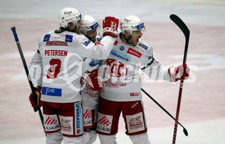 EBEL. Eishockey Bundesliga. EC VSV gegen KAC.  Torjubel Nicholas Eric Petersen, Rok Ticar, Jesper Jensen Aabo  (KAC). Villach, am 17.3.2023.
Foto: Kuess
www.qspictures.net
---
pressefotos, pressefotografie, kuess, qs, qspictures, sport, bild, bilder, bilddatenbank