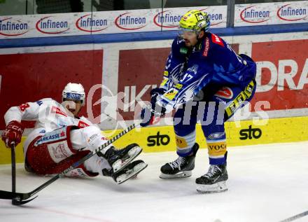 EBEL. Eishockey Bundesliga. EC VSV gegen KAC.   Simon Despres, (VSV),  Luka Gomboc   (KAC). Villach, am 17.3.2023.
Foto: Kuess
www.qspictures.net
---
pressefotos, pressefotografie, kuess, qs, qspictures, sport, bild, bilder, bilddatenbank