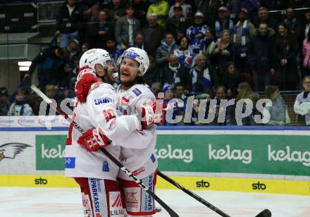 EBEL. Eishockey Bundesliga. EC VSV gegen KAC. Jubel Thomas Vallant, Manuel Ganahl   (KAC). Villach, am 17.3.2023.
Foto: Kuess
www.qspictures.net
---
pressefotos, pressefotografie, kuess, qs, qspictures, sport, bild, bilder, bilddatenbank