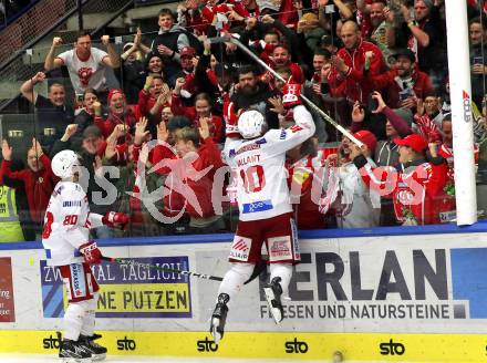 EBEL. Eishockey Bundesliga. EC VSV gegen KAC.  Jubel Thomas Vallant, Nikolaus Kraus  (KAC). Villach, am 17.3.2023.
Foto: Kuess
www.qspictures.net
---
pressefotos, pressefotografie, kuess, qs, qspictures, sport, bild, bilder, bilddatenbank