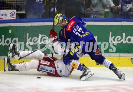 EBEL. Eishockey Bundesliga. EC VSV gegen KAC.   Arturs Kulda, (VSV), Lukas Haudum (KAC). Villach, am 17.3.2023.
Foto: Kuess
www.qspictures.net
---
pressefotos, pressefotografie, kuess, qs, qspictures, sport, bild, bilder, bilddatenbank