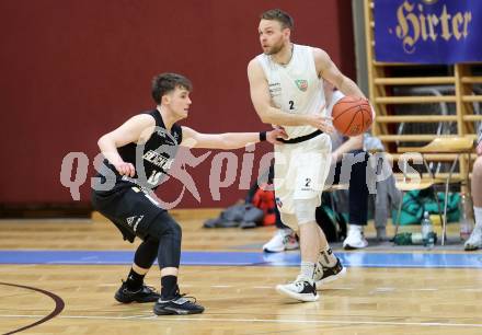 Basketball 2. Liga 2022/2023. Playoff.  2. Runde. KOS Celovec gegen Guessing Blackbirds.   Tim Huber (KOS),  Tobias Kopcsandy (Guessing). Klagenfurt, am 19.3.2023.
Foto: Kuess
www.qspictures.net
---
pressefotos, pressefotografie, kuess, qs, qspictures, sport, bild, bilder, bilddatenbank