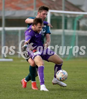 Fussball. Kaerntner Liga. Kraig gegen Austria Klagenfurt Amateure. Lukas Schmied   (Kraig),    Matthew Richard Wordsworth Durrans (Klagenfurt). Treibach, 25.3.2023
Foto: Kuess


---
pressefotos, pressefotografie, kuess, qs, qspictures, sport, bild, bilder, bilddatenbank