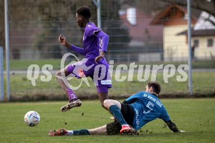 Fussball. Kaerntner Liga. Kraig gegen Austria Klagenfurt Amateure.  Marco Reibnegger   (Kraig),   Mersei Dieu Nsandi (Klagenfurt). Treibach, 25.3.2023
Foto: Kuess


---
pressefotos, pressefotografie, kuess, qs, qspictures, sport, bild, bilder, bilddatenbank