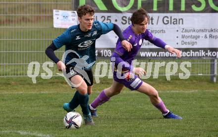 Fussball. Kaerntner Liga. Kraig gegen Austria Klagenfurt Amateure.  Paul Felsberger  (Kraig),   Josip Pejic (Klagenfurt). Treibach, 25.3.2023
Foto: Kuess


---
pressefotos, pressefotografie, kuess, qs, qspictures, sport, bild, bilder, bilddatenbank
