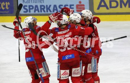 EBEL. Eishockey Bundesliga. EC KAC gegen Salzburg.   Torjubel Jesper Jensen Aabo, Clemens Unterweger, Lukas Haudum, Rijards Bukarts, Lucas Lessio  (KAC).  Klagenfurt, am 26.3.2023.
Foto: Kuess
www.qspictures.net
---
pressefotos, pressefotografie, kuess, qs, qspictures, sport, bild, bilder, bilddatenbank