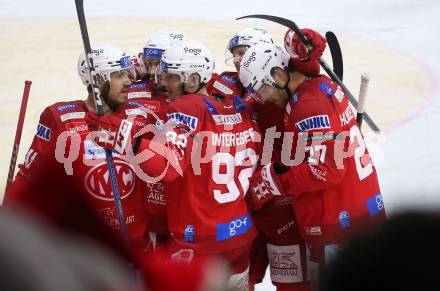 EBEL. Eishockey Bundesliga. EC KAC gegen Salzburg.   Torjubel Jesper Jensen Aabo, Clemens Unterweger, Thomas Hundertpfund  (KAC).  Klagenfurt, am 26.3.2023.
Foto: Kuess
www.qspictures.net
---
pressefotos, pressefotografie, kuess, qs, qspictures, sport, bild, bilder, bilddatenbank