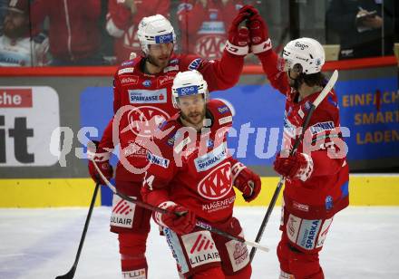 EBEL. Eishockey Bundesliga. EC KAC gegen Salzburg.   Torjubel Thomas Hundertpfund, Paul Postma, Manuel Ganahl  (KAC).  Klagenfurt, am 26.3.2023.
Foto: Kuess
www.qspictures.net
---
pressefotos, pressefotografie, kuess, qs, qspictures, sport, bild, bilder, bilddatenbank