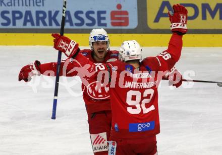 EBEL. Eishockey Bundesliga. EC KAC gegen Salzburg.   Torjubel Jesper Jensen Aabo, Clemens Unterweger  (KAC).  Klagenfurt, am 26.3.2023.
Foto: Kuess
www.qspictures.net
---
pressefotos, pressefotografie, kuess, qs, qspictures, sport, bild, bilder, bilddatenbank