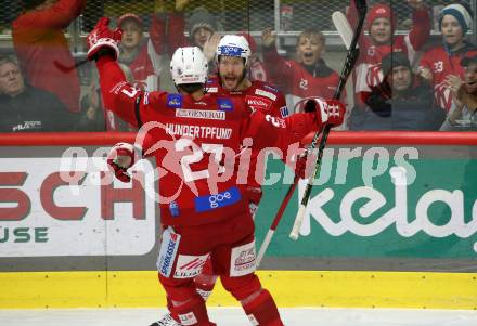 EBEL. Eishockey Bundesliga. EC KAC gegen Salzburg.  Torjubel Paul Postma, Thomas Hundertpfund   (KAC).  Klagenfurt, am 26.3.2023.
Foto: Kuess
www.qspictures.net
---
pressefotos, pressefotografie, kuess, qs, qspictures, sport, bild, bilder, bilddatenbank