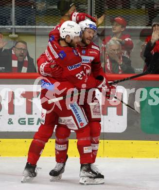 EBEL. Eishockey Bundesliga. EC KAC gegen Salzburg.  Torjubel Paul Postma, Thomas Hundertpfund   (KAC).  Klagenfurt, am 26.3.2023.
Foto: Kuess
www.qspictures.net
---
pressefotos, pressefotografie, kuess, qs, qspictures, sport, bild, bilder, bilddatenbank