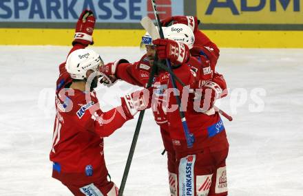 EBEL. Eishockey Bundesliga. EC KAC gegen Salzburg.   Torjubel Jesper Jensen Aabo, Clemens Unterweger, Lukas Haudum  (KAC).  Klagenfurt, am 26.3.2023.
Foto: Kuess
www.qspictures.net
---
pressefotos, pressefotografie, kuess, qs, qspictures, sport, bild, bilder, bilddatenbank