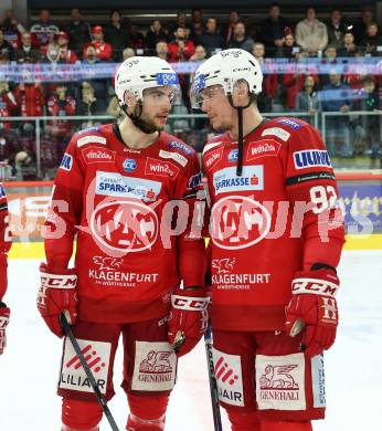 EBEL. Eishockey Bundesliga. EC KAC gegen Salzburg.    Lukas Haudum, Clemens Unterweger (KAC).  Klagenfurt, am 26.3.2023.
Foto: Kuess
www.qspictures.net
---
pressefotos, pressefotografie, kuess, qs, qspictures, sport, bild, bilder, bilddatenbank