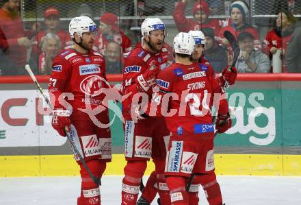 EBEL. Eishockey Bundesliga. EC KAC gegen Salzburg.  Torjubel Paul Postma, Thomas Hundertpfund, Simeon Schwinger, Steven Strong   (KAC).  Klagenfurt, am 26.3.2023.
Foto: Kuess
www.qspictures.net
---
pressefotos, pressefotografie, kuess, qs, qspictures, sport, bild, bilder, bilddatenbank