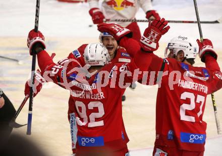 EBEL. Eishockey Bundesliga. EC KAC gegen Salzburg.   Torjubel Jesper Jensen Aabo, Clemens Unterweger, Thomas Hundertpfund  (KAC).  Klagenfurt, am 26.3.2023.
Foto: Kuess
www.qspictures.net
---
pressefotos, pressefotografie, kuess, qs, qspictures, sport, bild, bilder, bilddatenbank
