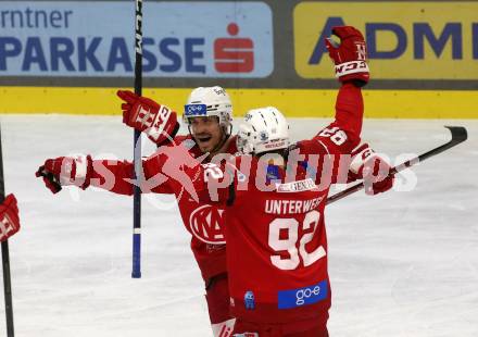 EBEL. Eishockey Bundesliga. EC KAC gegen Salzburg.    Torjubel Jesper Jensen Aabo, Clemens Unterweger (KAC).  Klagenfurt, am 26.3.2023.
Foto: Kuess
www.qspictures.net
---
pressefotos, pressefotografie, kuess, qs, qspictures, sport, bild, bilder, bilddatenbank