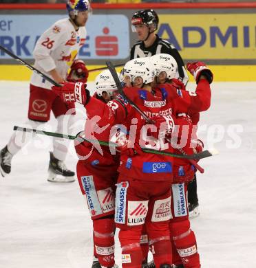 EBEL. Eishockey Bundesliga. EC KAC gegen Salzburg.  Torjubel Jesper Jensen Aabo, Clemens Unterweger, Lukas Haudum, Rijards Bukarts   (KAC).  Klagenfurt, am 26.3.2023.
Foto: Kuess
www.qspictures.net
---
pressefotos, pressefotografie, kuess, qs, qspictures, sport, bild, bilder, bilddatenbank