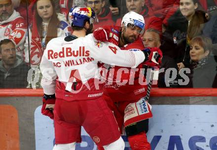 EBEL. Eishockey Bundesliga. EC KAC gegen Salzburg.   Lucas Lessio,   (KAC),   Andrew Jay MacWilliam (Salzburg). Klagenfurt, am 31.3.2023.
Foto: Kuess
www.qspictures.net
---
pressefotos, pressefotografie, kuess, qs, qspictures, sport, bild, bilder, bilddatenbank