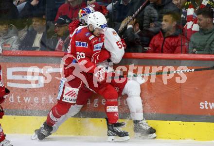 EBEL. Eishockey Bundesliga. EC KAC gegen Salzburg.  Nikolaus Kraus,   (KAC),  Paul Huber   (Salzburg). Klagenfurt, am 31.3.2023.
Foto: Kuess
www.qspictures.net
---
pressefotos, pressefotografie, kuess, qs, qspictures, sport, bild, bilder, bilddatenbank