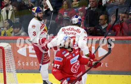 EBEL. Eishockey Bundesliga. EC KAC gegen Salzburg.  Torjubel Peter Schneider, Troy Wayne Bourke  (Salzburg). Klagenfurt, am 31.3.2023.
Foto: Kuess
www.qspictures.net
---
pressefotos, pressefotografie, kuess, qs, qspictures, sport, bild, bilder, bilddatenbank