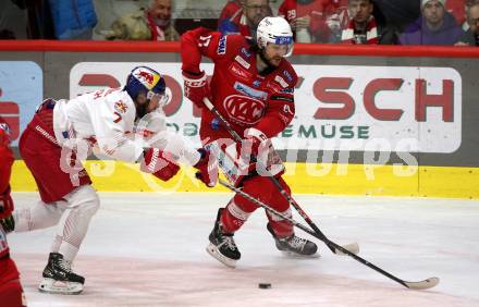 EBEL. Eishockey Bundesliga. EC KAC gegen Salzburg.   Manuel Ganahl, (KAC),  Martin Stajnoch    (Salzburg). Klagenfurt, am 31.3.2023.
Foto: Kuess
www.qspictures.net
---
pressefotos, pressefotografie, kuess, qs, qspictures, sport, bild, bilder, bilddatenbank