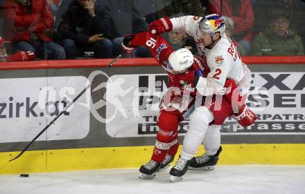 EBEL. Eishockey Bundesliga. EC KAC gegen Salzburg.   Simeon Schwinger,   (KAC),    Tyler James Lewington (Salzburg). Klagenfurt, am 31.3.2023.
Foto: Kuess
www.qspictures.net
---
pressefotos, pressefotografie, kuess, qs, qspictures, sport, bild, bilder, bilddatenbank