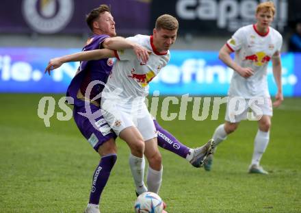 Fussball Bundesliga. SK Austria Klagenfurt gegen Salzburg.  Fabian Miesenboeck, (Klagenfurt),   Ignacs Van Der Brempt  (Salzburg).  Klagenfurt, am 2.4.2023.
Foto: Kuess
---
pressefotos, pressefotografie, kuess, qs, qspictures, sport, bild, bilder, bilddatenbank