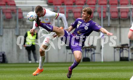Fussball Bundesliga. SK Austria Klagenfurt gegen Salzburg.  Nicolas Binder, (Klagenfurt),    Strahinja Pavlovic (Salzburg).  Klagenfurt, am 2.4.2023.
Foto: Kuess
---
pressefotos, pressefotografie, kuess, qs, qspictures, sport, bild, bilder, bilddatenbank