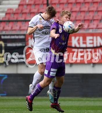 Fussball Bundesliga. SK Austria Klagenfurt gegen Sturm Graz.  Nicolas Binder, (Klagenfurt),    David Affengruber  (Graz).  Klagenfurt, am 16.4.2023.
Foto: Kuess
---
pressefotos, pressefotografie, kuess, qs, qspictures, sport, bild, bilder, bilddatenbank