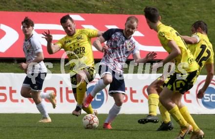 Fussball. Unterliga Ost. St. Veit  gegen Bad St. Leonhard.  Heiko Norbert Springer  (St. Veit),    Marcel Rene Pfennich (Bad St. Leonhard). St. Veit, 1.4.2023.
Foto: Kuess


---
pressefotos, pressefotografie, kuess, qs, qspictures, sport, bild, bilder, bilddatenbank