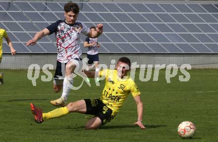 Fussball. Unterliga Ost. St. Veit  gegen Bad St. Leonhard. Lukas Bernhard Unterweger   (St. Veit),   Alexander Maier (Bad St. Leonhard). St. Veit, 1.4.2023.
Foto: Kuess


---
pressefotos, pressefotografie, kuess, qs, qspictures, sport, bild, bilder, bilddatenbank