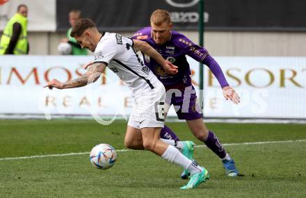 Fussball Bundesliga. SK Austria Klagenfurt gegen Sturm Graz.  Jonas Arweiler,  (Klagenfurt),    Sandro Ingolitsch (Graz).  Klagenfurt, am 16.4.2023.
Foto: Kuess
---
pressefotos, pressefotografie, kuess, qs, qspictures, sport, bild, bilder, bilddatenbank