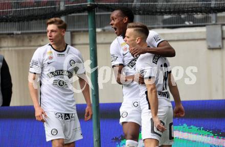 Fussball Bundesliga. SK Austria Klagenfurt gegen Sturm Graz.  Torjubel Emmanuel Esseh Emegha, Tomi Horvat  (Graz).  Klagenfurt, am 16.4.2023.
Foto: Kuess
---
pressefotos, pressefotografie, kuess, qs, qspictures, sport, bild, bilder, bilddatenbank