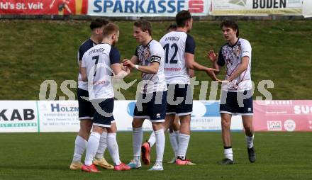 Fussball. Unterliga Ost. St. Veit  gegen Bad St. Leonhard.  Torjubel Heiko Norbert Springer, Alexander Hofer (St. Veit). St. Veit, 1.4.2023.
Foto: Kuess


---
pressefotos, pressefotografie, kuess, qs, qspictures, sport, bild, bilder, bilddatenbank