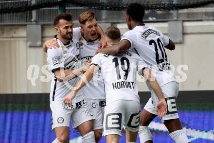 Fussball Bundesliga. SK Austria Klagenfurt gegen Sturm Graz.  Torjubel Emmanuel Esseh Emegha, Tomi Horvat, Amadou Dante  (Graz).  Klagenfurt, am 16.4.2023.
Foto: Kuess
---
pressefotos, pressefotografie, kuess, qs, qspictures, sport, bild, bilder, bilddatenbank