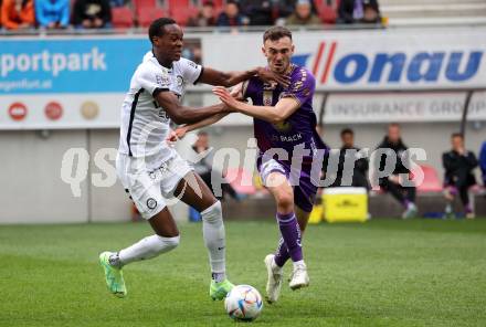 Fussball Bundesliga. SK Austria Klagenfurt gegen Sturm Graz.  Andrew Irving,  (Klagenfurt),    Emmanuel Esseh Emegha (Graz).  Klagenfurt, am 16.4.2023.
Foto: Kuess
---
pressefotos, pressefotografie, kuess, qs, qspictures, sport, bild, bilder, bilddatenbank